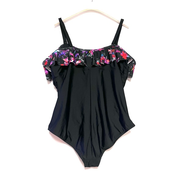 Torrid Swimsuit Tropical Off Shoulder Plus Size 3X Ruched Flounce Sexy Black - Picture 3 of 15